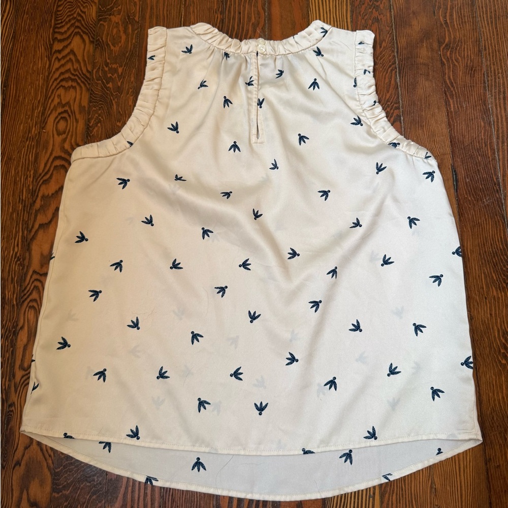 LOFT Ruched Trim Sleeveless Shell with Blue Bird Pattern - Picture 6 of 7
